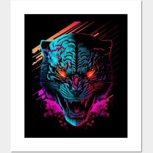 Tiger Head Retrowave Synthwave - 1980's Animal Print Posters and Art